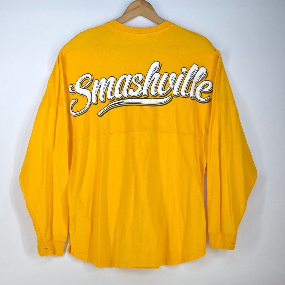 Nashville Predators Smashville Spirit Shirt Womens Medium Mega Print Script Fang